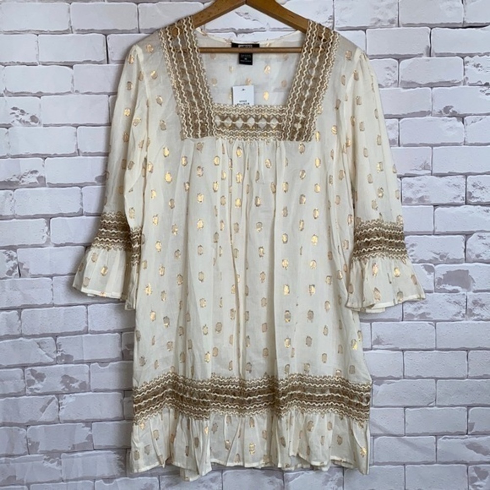 Beige & gold cotton sheer - 3/4 bell sleeve tunic - medium - NWT